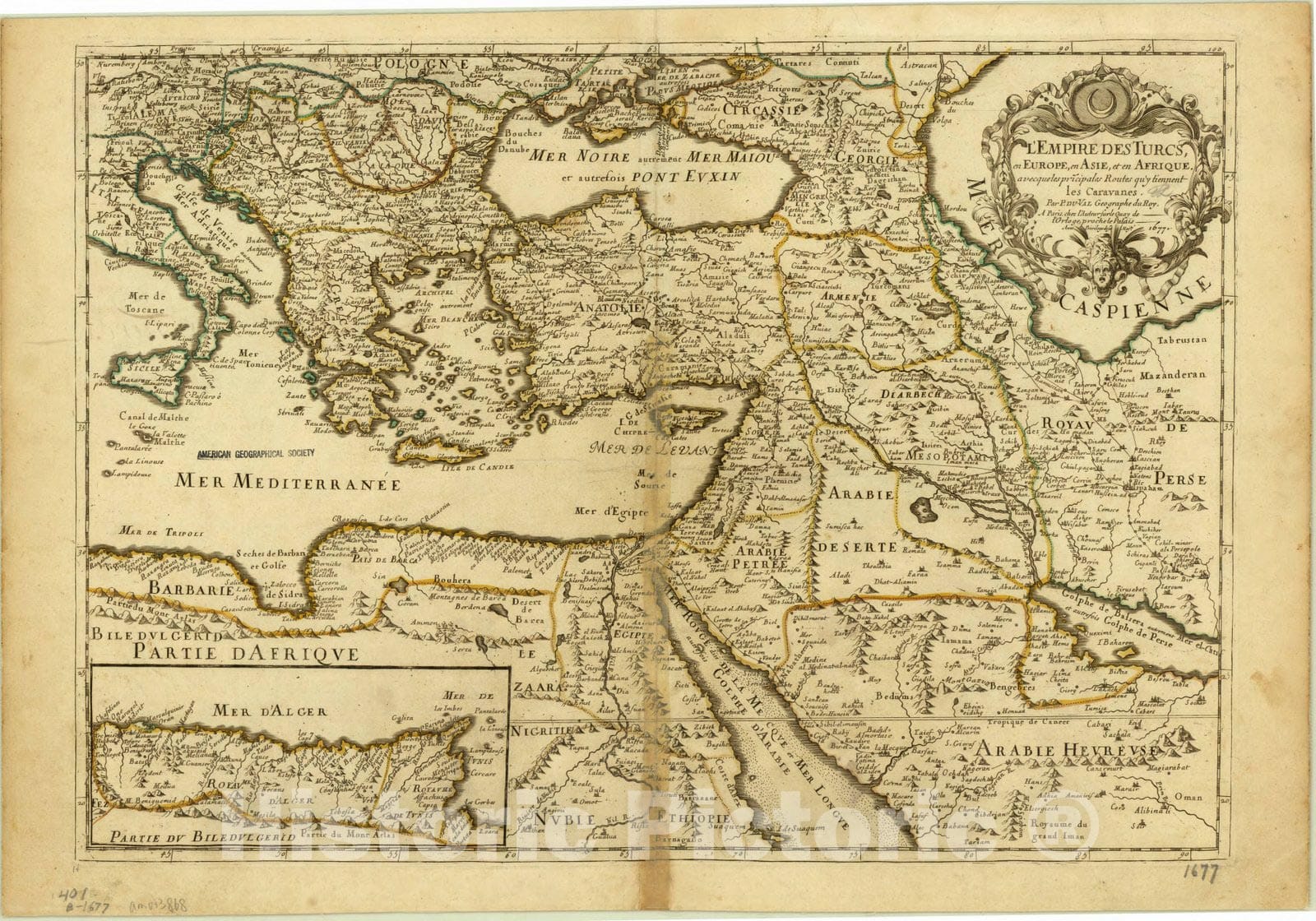 Map : Turkey 1677, L'empire des Turcs en Europe, en Asie et en Afrique : avecque les pri[n]cipales routes qu'y tiennent les caravanes , Antique Vintage Reproduction