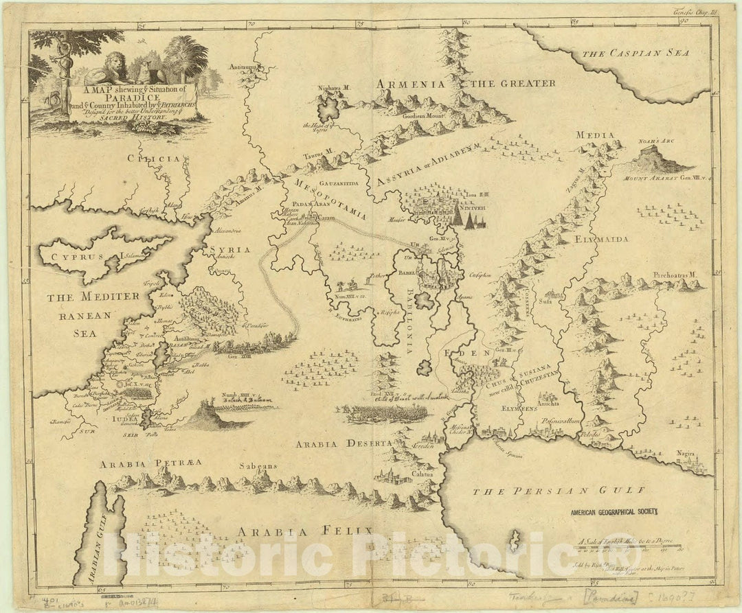 Map : Middle East 1725, A map shewing ye situation of Paradice and ye country inhabited by ye patriarchs : design'd for the better understanding ye sacred history