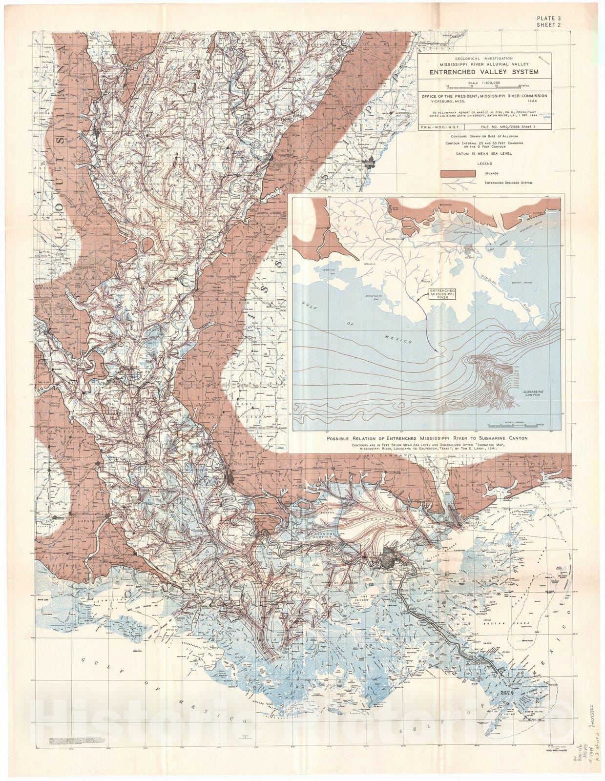 Map : Lower Mississippi River 1944 25, Geological investigation of the alluvial valley of the lower Mississippi river , Antique Vintage Reproduction