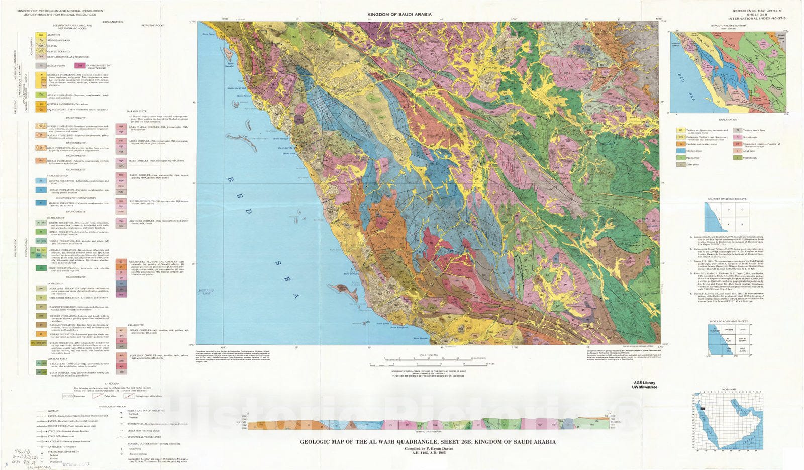 Map : Al Wajh, Saudi Arabia 1985, Geologic map of the Al Wajh quadrangle, sheet 26B, Kingdom of Saudi Arabia , Antique Vintage Reproduction