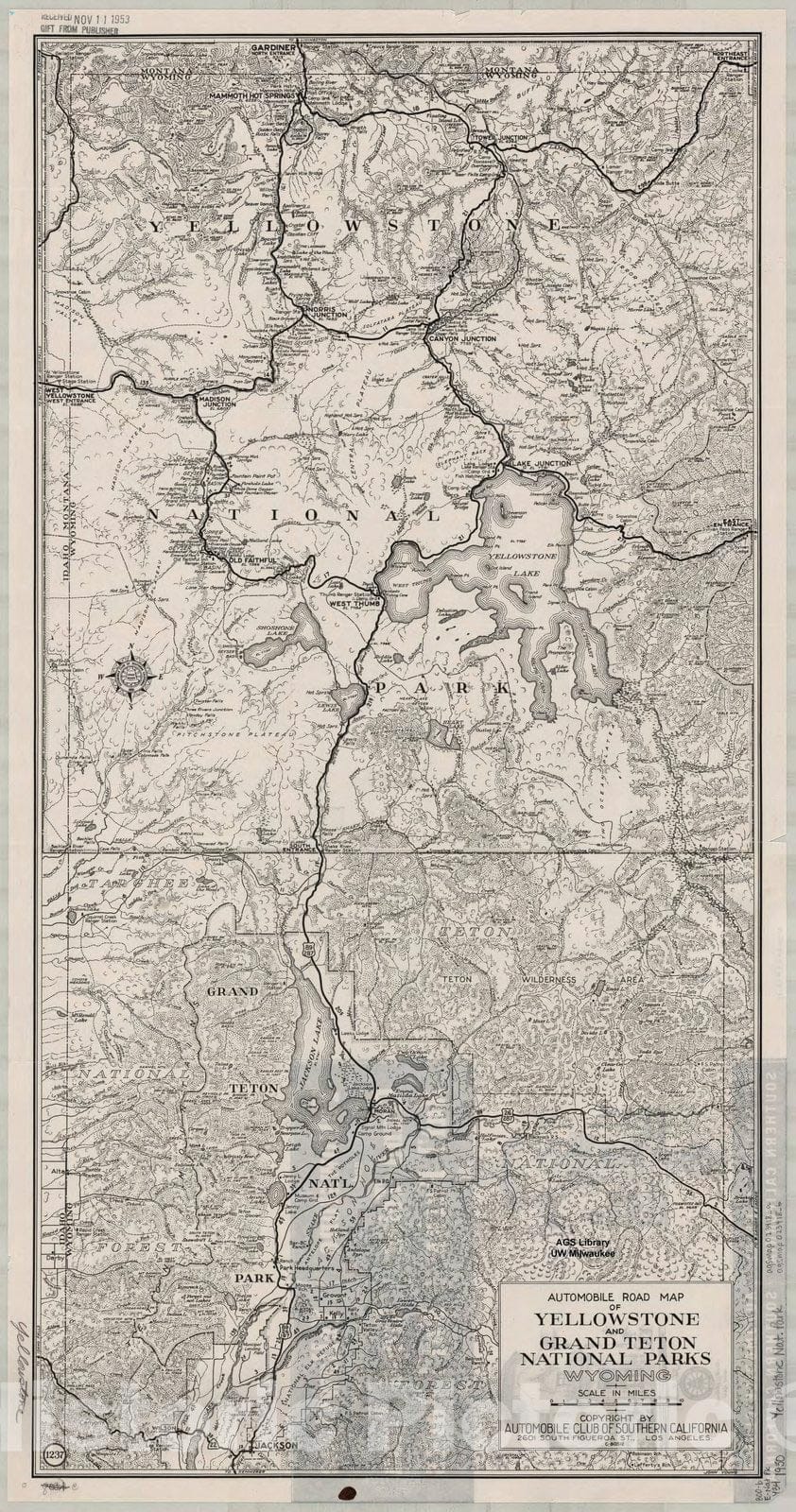 Historic Map : Yellowstone and Grand Teton National Parks, Wyoming 1950, Automobile road map of Yellowstone and Grand Teton National Parks, Wyoming , Antique Vintage Reproduction