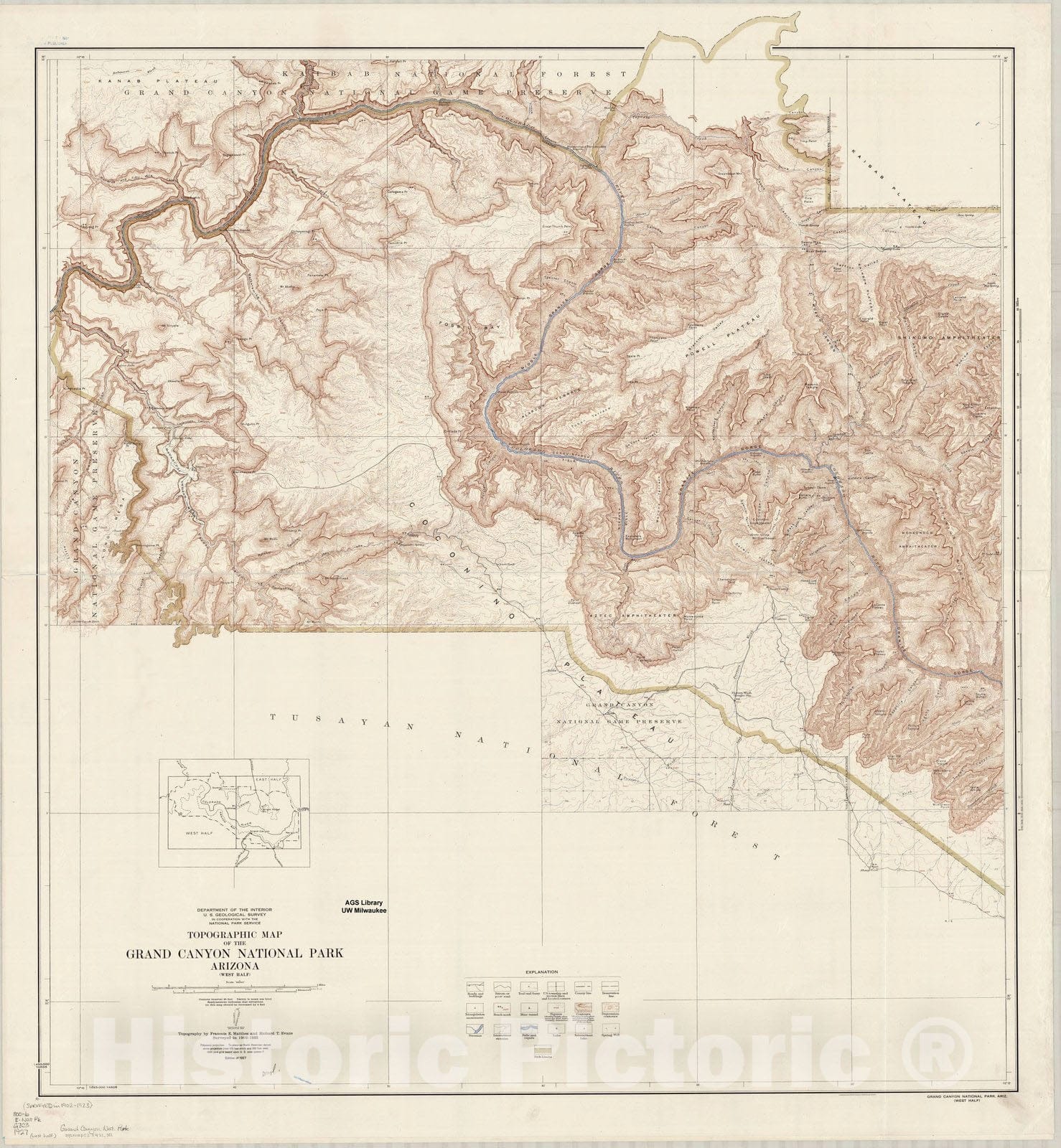 Map : Grand Canyon National Park, Arizona 1927 1, Topographic map of the Grand Canyon National Park, Arizona , Antique Vintage Reproduction