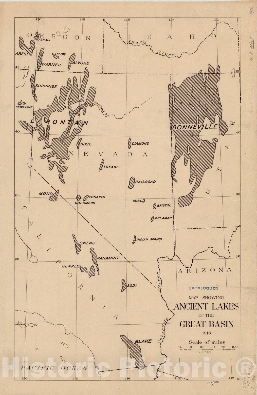 Map : United States, Map showing ancient lakes of the great basin, Antique Vintage Reproduction