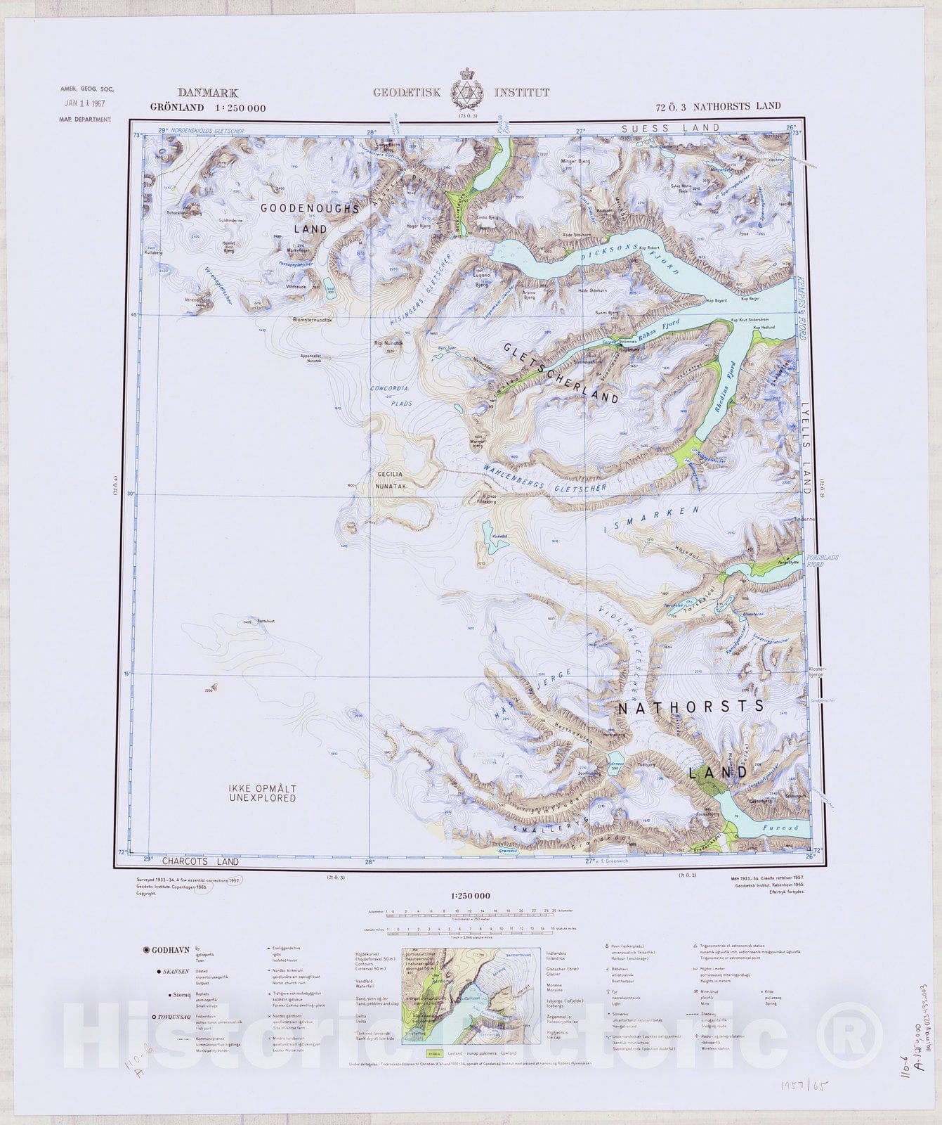 Map : Nathorsts Land, Greenland 1965, Danmark, Gronland 1:250 000 Nathorsts Land, Antique Vintage Reproduction