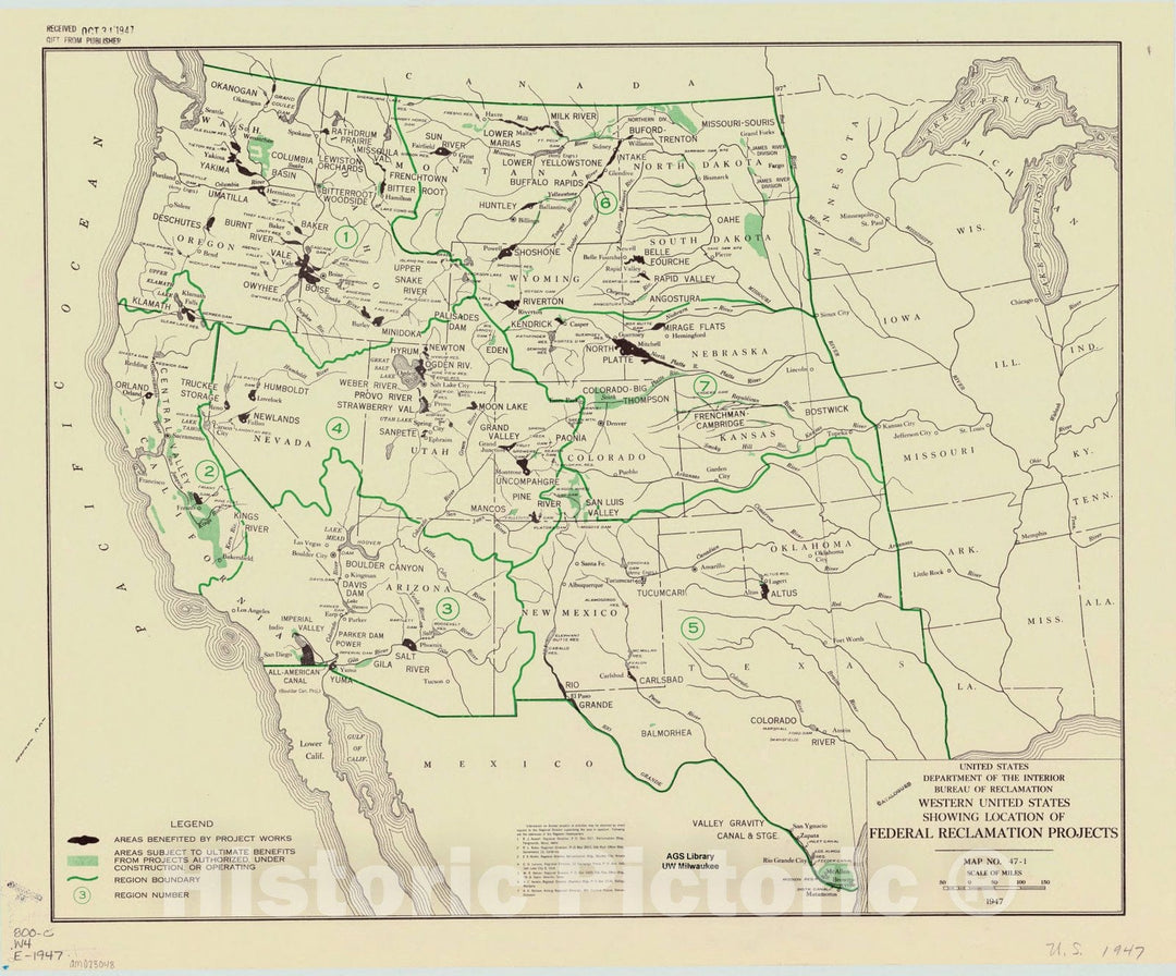 Map : United States, western 1947, Western United States showing location of federal reclamation projects. Federal reclamation projects, Antique Vintage Reproduction