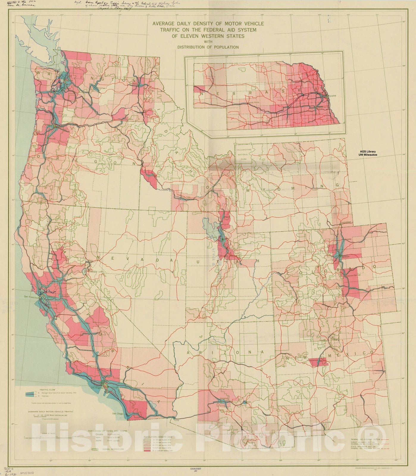 Historic Map : United States, western region 1931, Average daily density of motor vehicle traffic on the federal aid system of the eleven western states, Antique Vintage Reproduction