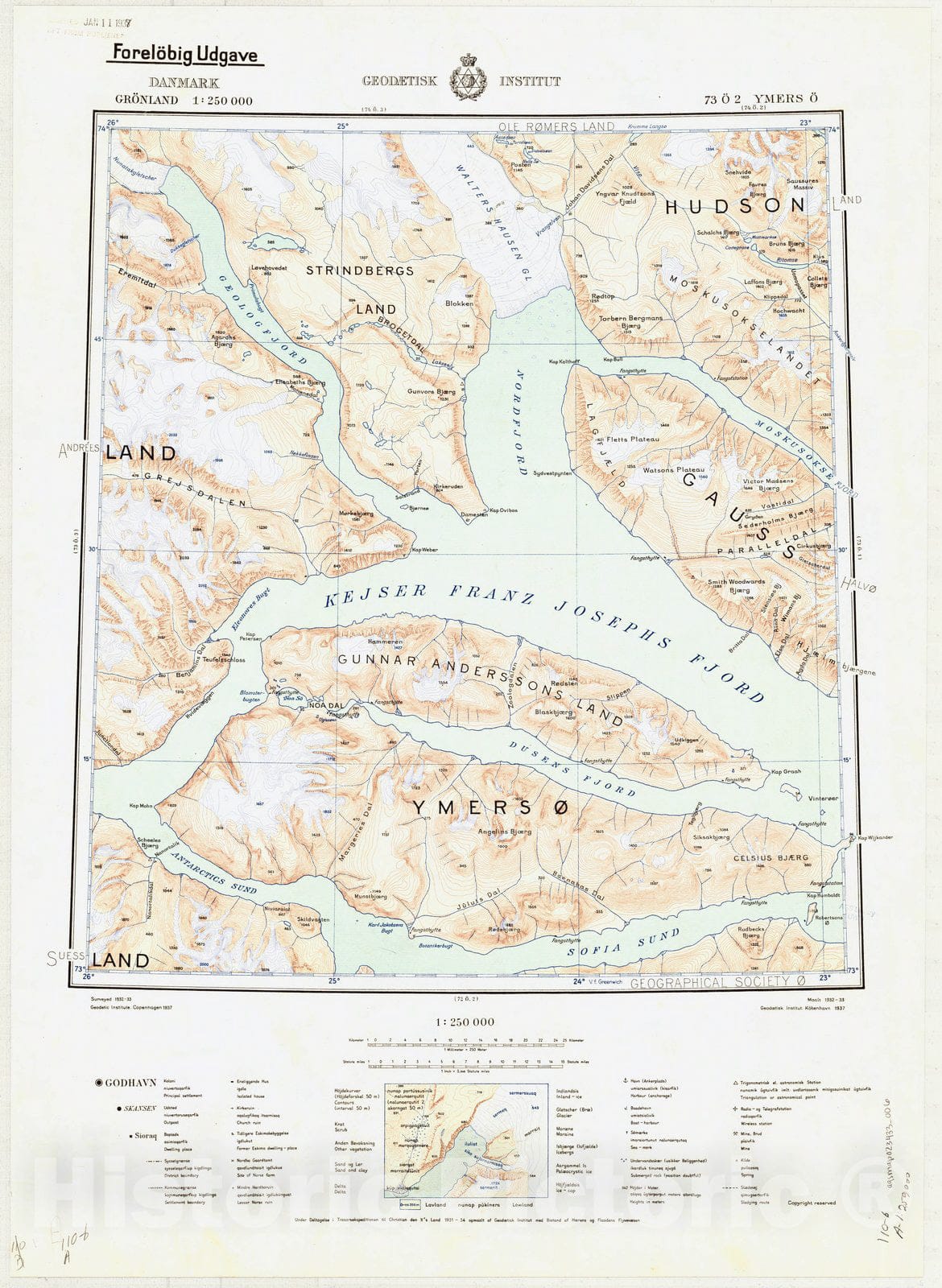 Map : Ymers O, Greenland 1937, Danmark, Gronland 1:250 000 Ymers O, Antique Vintage Reproduction