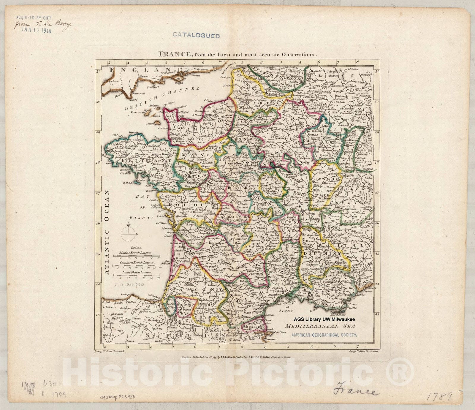 Map : France 1789, France, from the latest and most accurate observations , Antique Vintage Reproduction