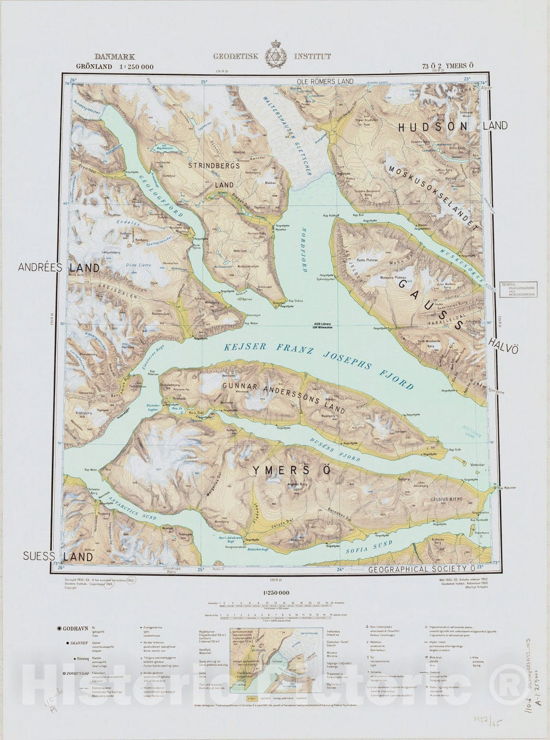 Map : Ymers O, Greenland 1965, Danmark, Gronland 1:250 000 Ymers O, Antique Vintage Reproduction