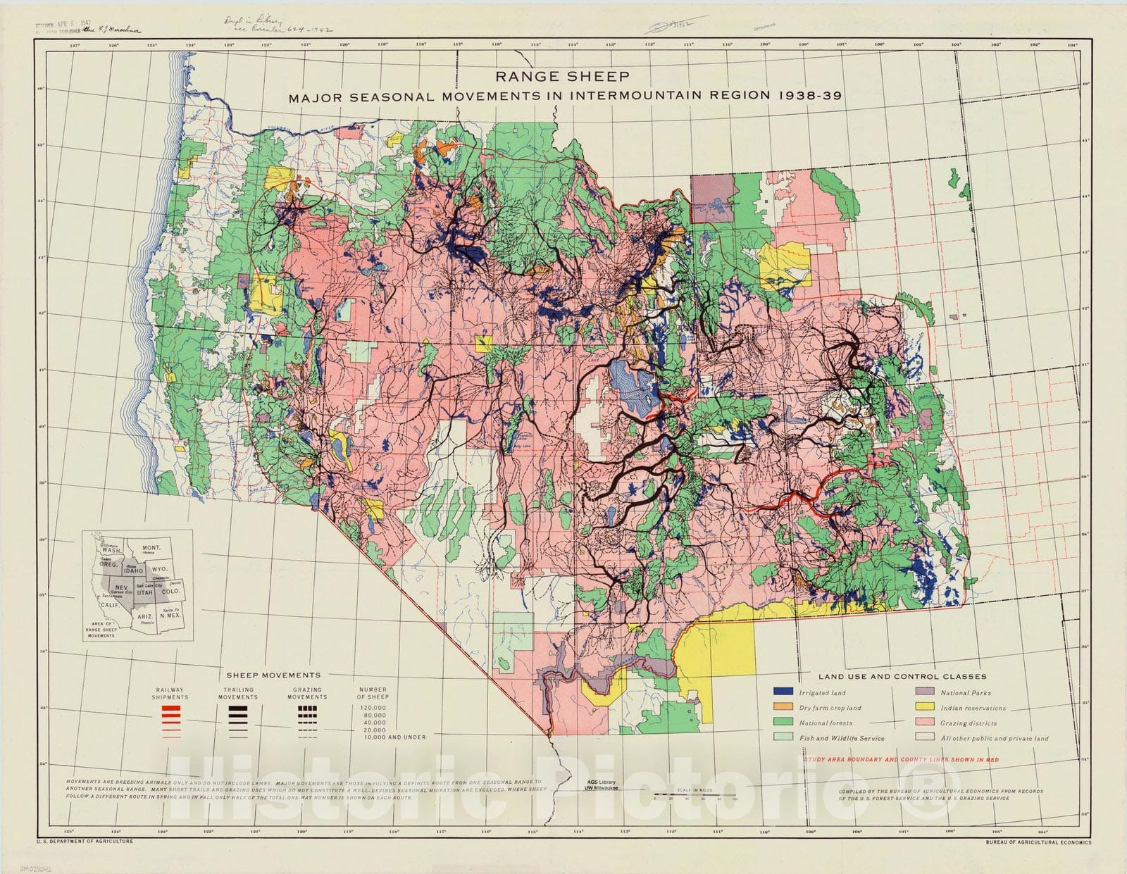 Map : United States, western 1939 2, Range sheep, major seasonal movements in Intermountain Region, 1938-39 , Antique Vintage Reproduction