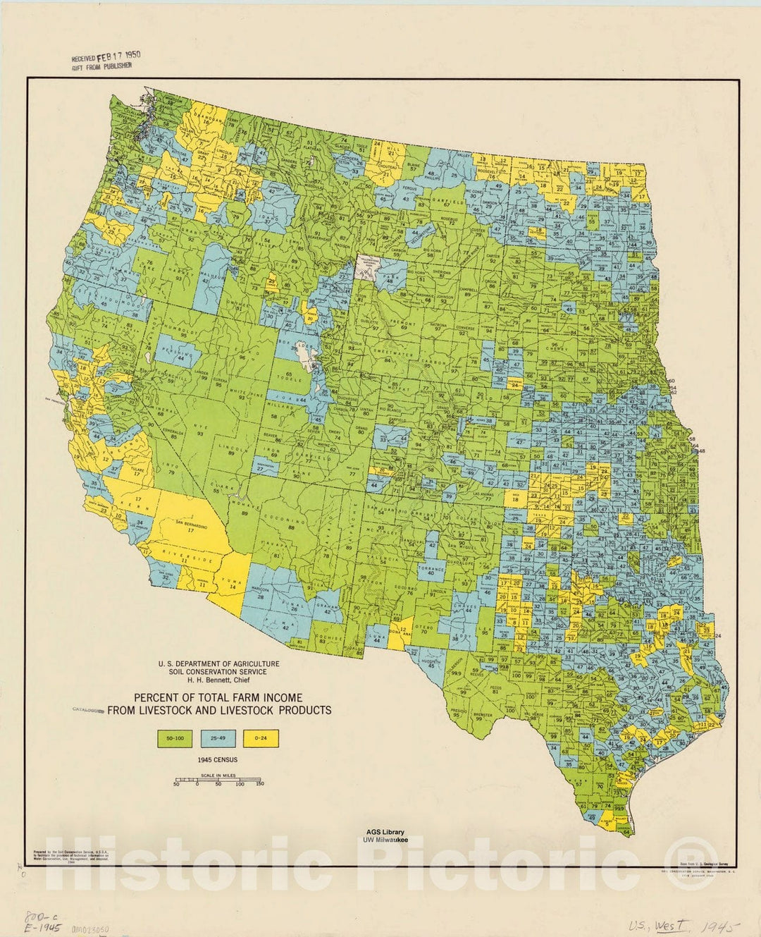 Map : United States, western 1945, Percent of total farm income from livestock and livestock products , Antique Vintage Reproduction