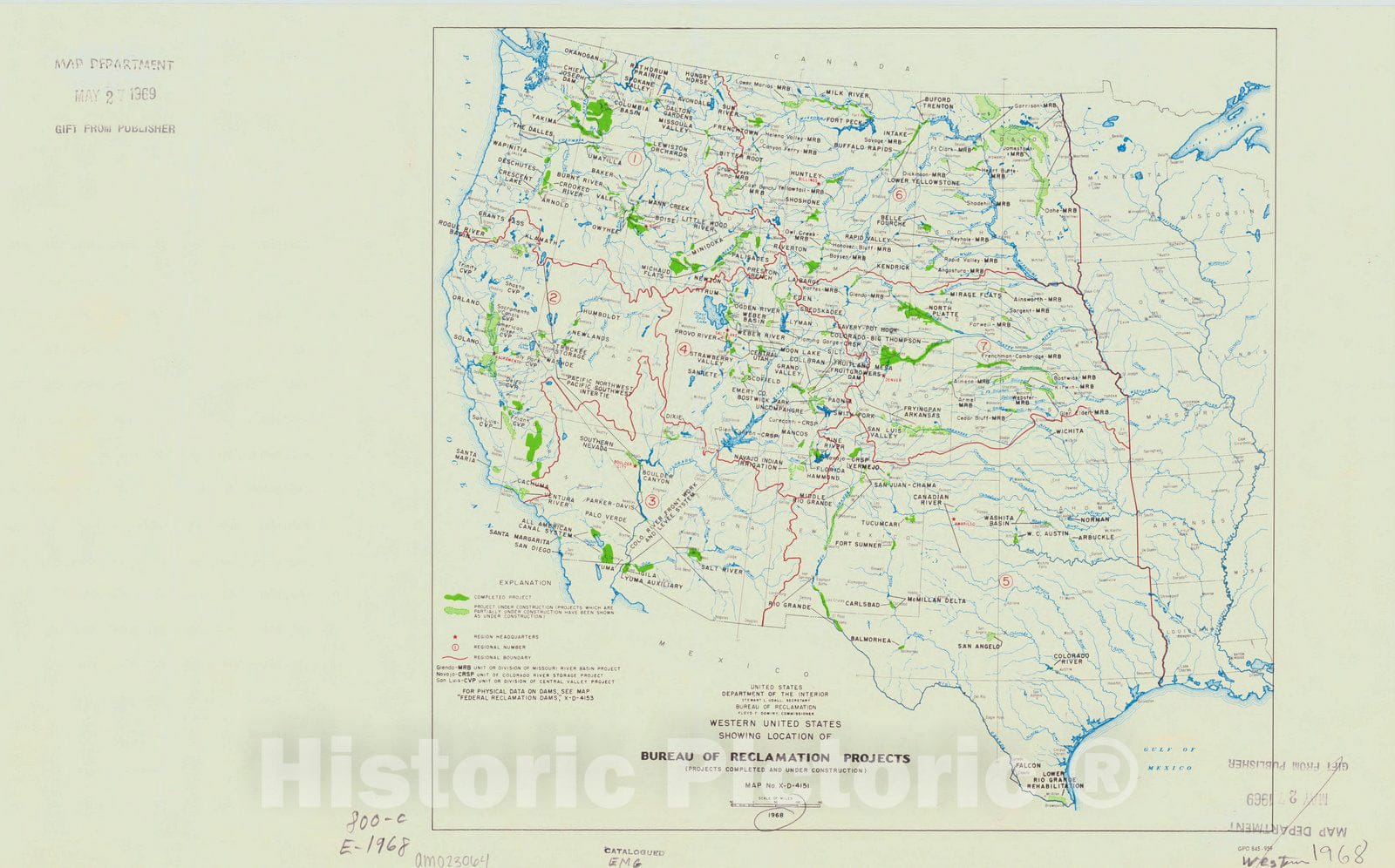 Map : United States, western 1968, Western United States, showing location of Bureau of Reclamation projects (projects completed and under construction)