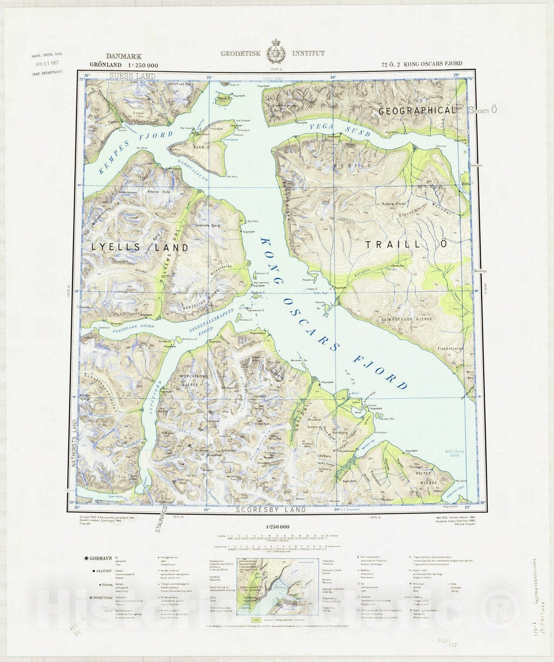 Map : Kong Oscars Fjord, Greenland 1965, Danmark, Gronland 1:250 000 Kong Oscars Fjord, Antique Vintage Reproduction