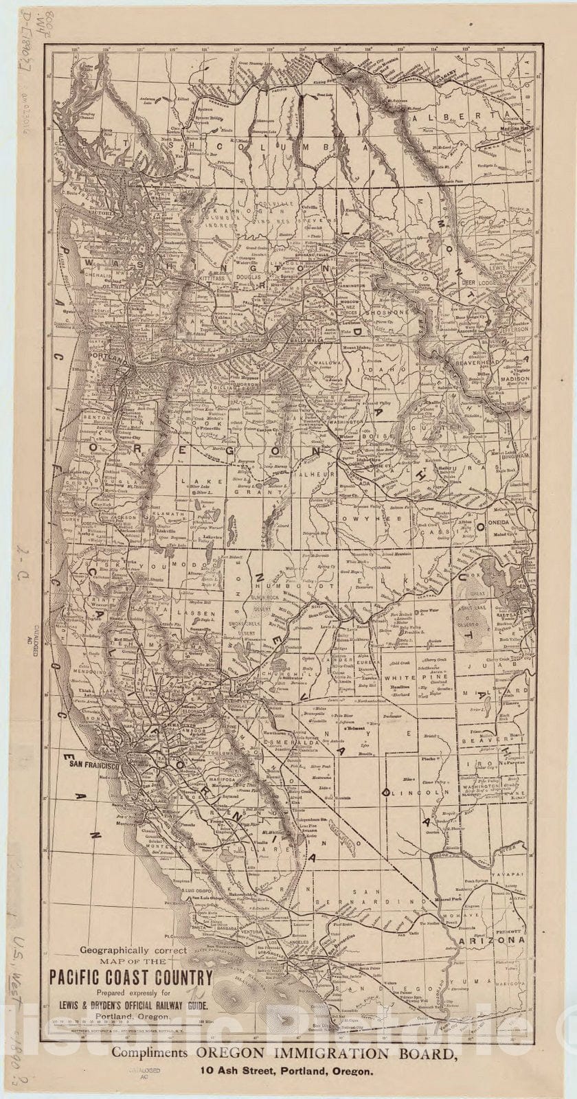 Map : United States, Pacific coast 1890, Geographically correct map of the Pacific coast country , Antique Vintage Reproduction