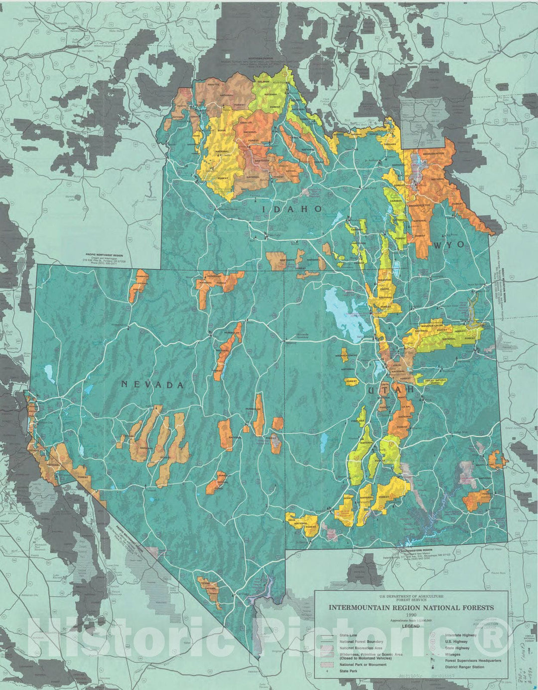 Map : United States, western 1990 1, Intermountain Region national forests , Antique Vintage Reproduction