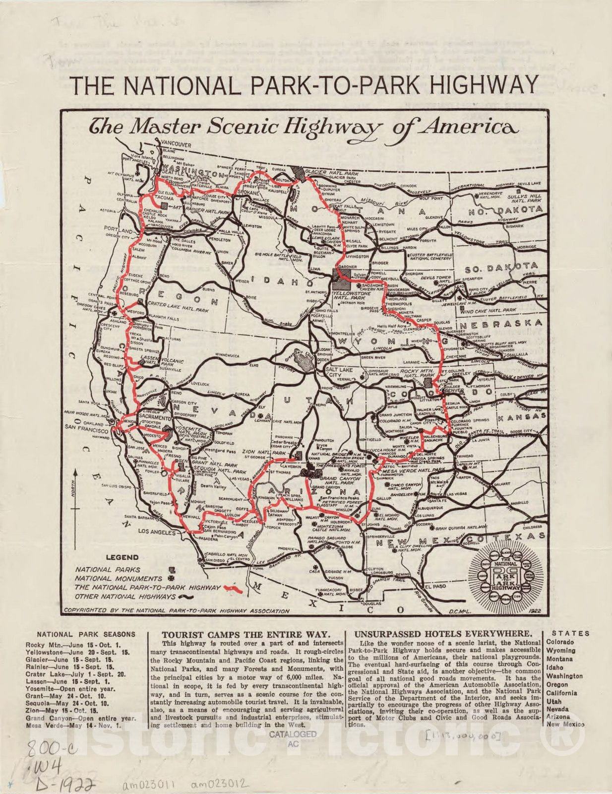 Map : United States, western 1922, he national park-to-park highway : the master scenic highway of America , Antique Vintage Reproduction