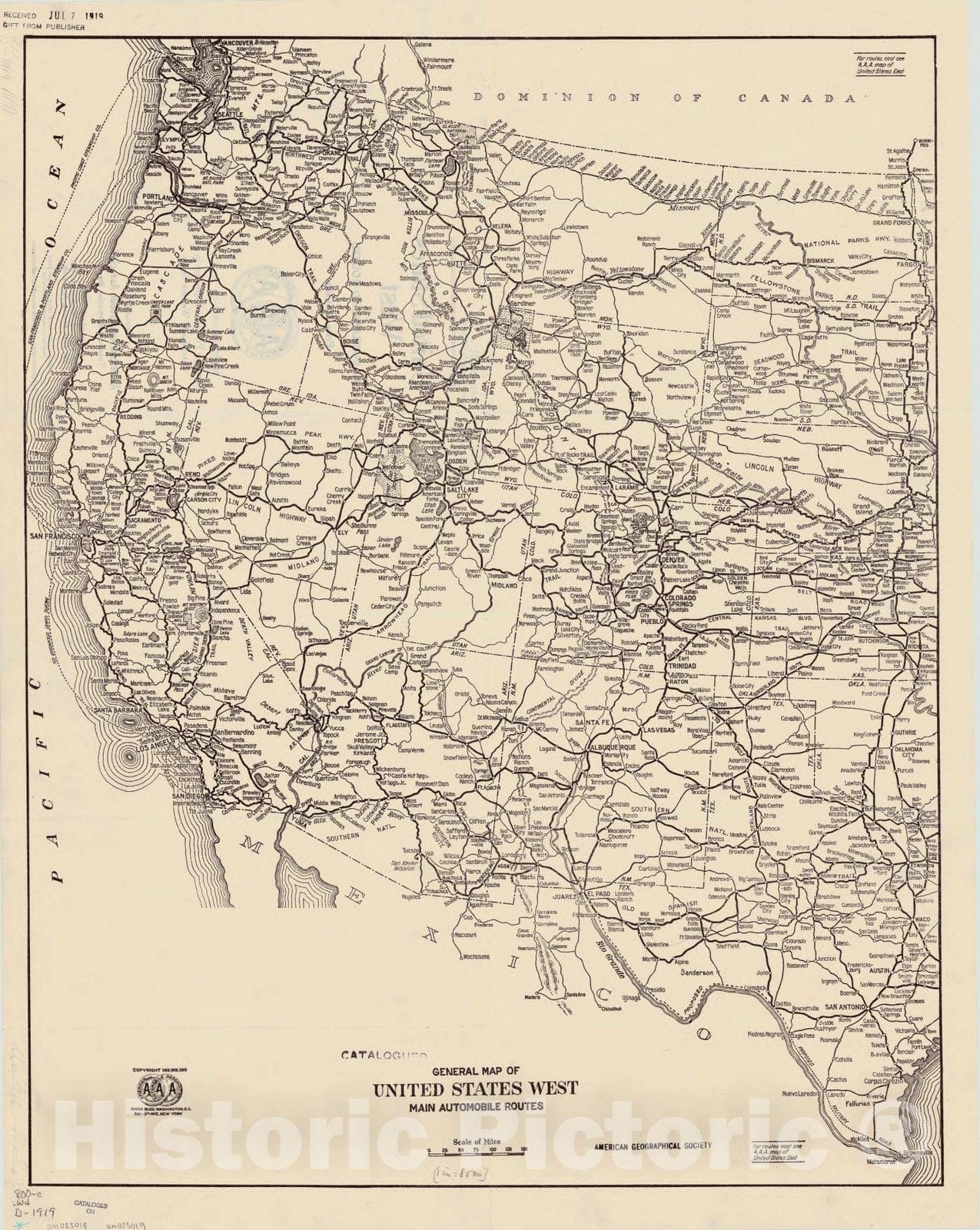 Map : United States, western 1919, General map of United States west : main automobile routes , Antique Vintage Reproduction