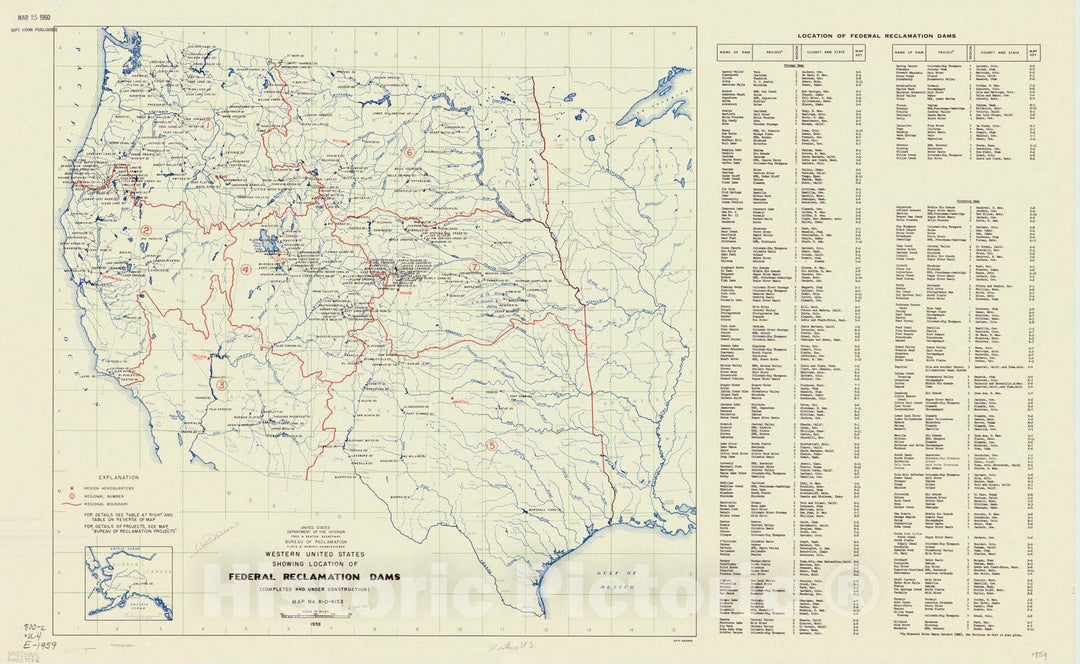 Map : United States, western 1959, Western United States showing location of federal reclamation dams (completed and under construction), Antique Vintage Reproduction