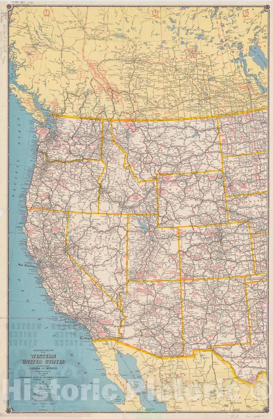 Map : United States, western 1946 2, Automobile road map of the western United States including adjacent Canada and Mexico , Antique Vintage Reproduction