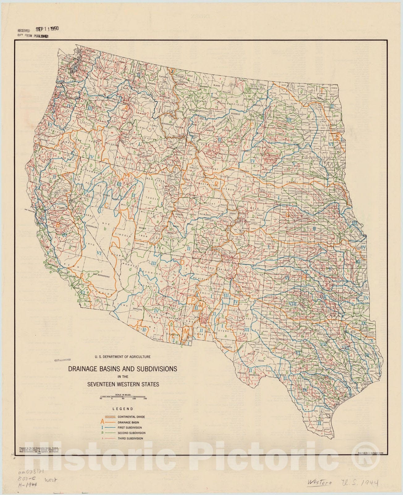 Map : United States, western 1944, Drainage basins and subdivisions in the seventeen western states, Antique Vintage Reproduction