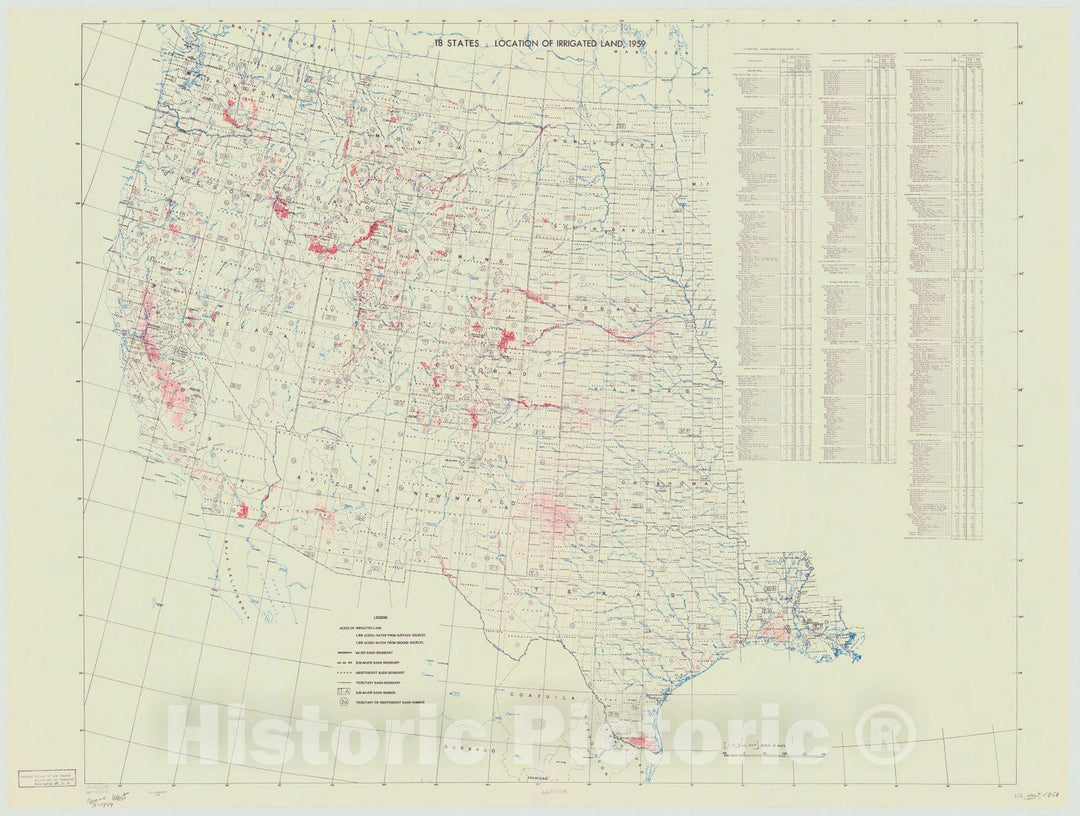 Map : United States, western 1960, Location of irrigated land, 1959 : 18 states, Antique Vintage Reproduction