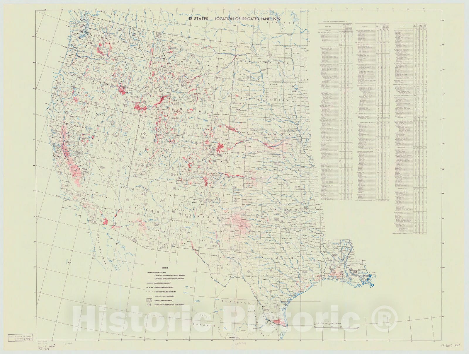 Map : United States, western 1960, Location of irrigated land, 1959 : 18 states, Antique Vintage Reproduction