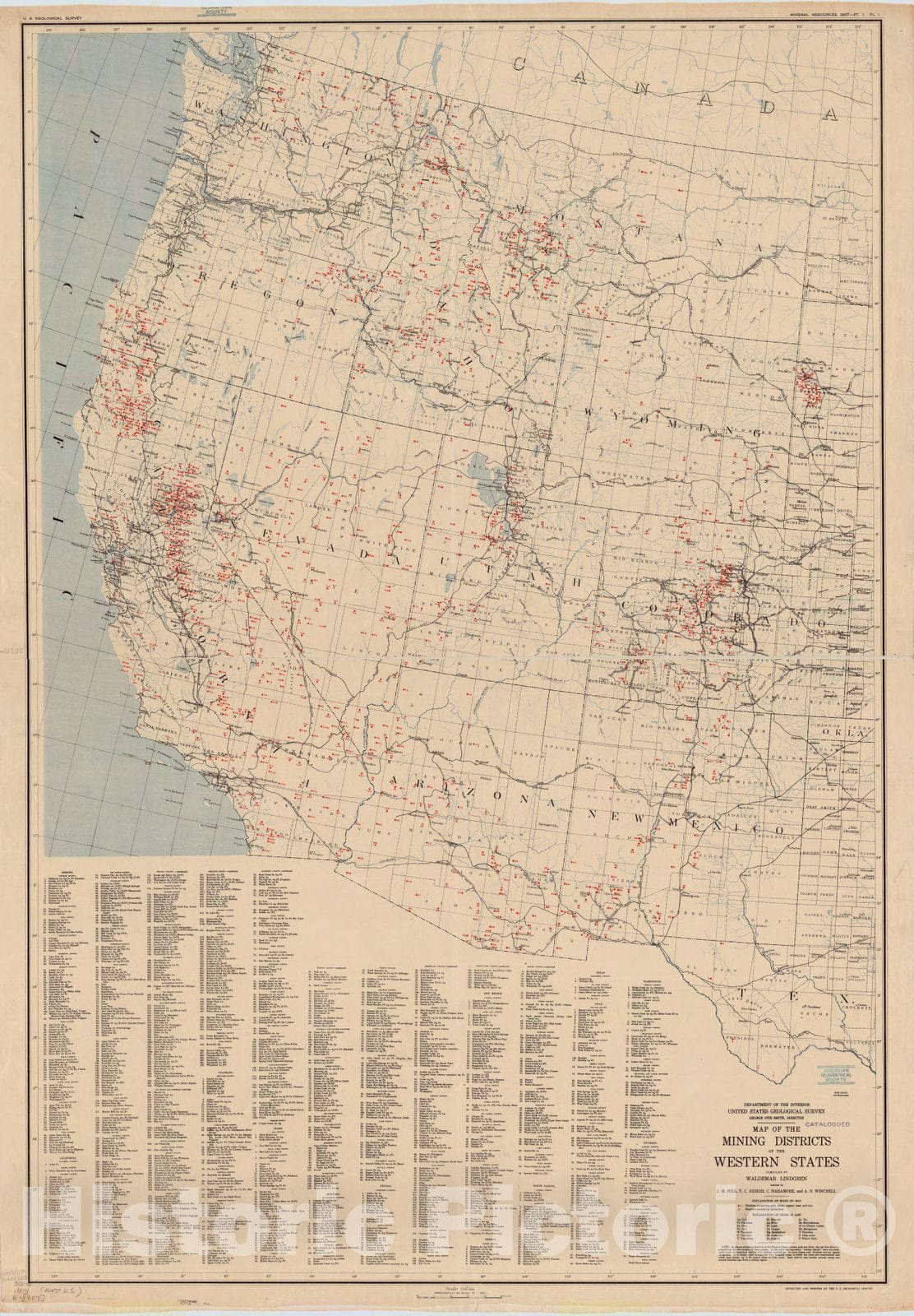 Map : United States, western 1907, Map of the mining districts of the western United States, Antique Vintage Reproduction