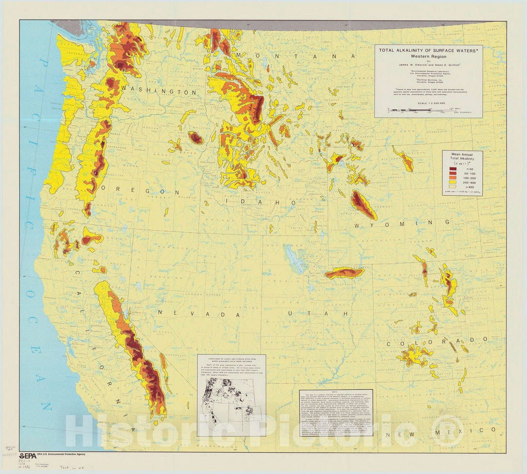 Map : United States, western 1986, Total alkalinity of surface waters : Western Region , Antique Vintage Reproduction