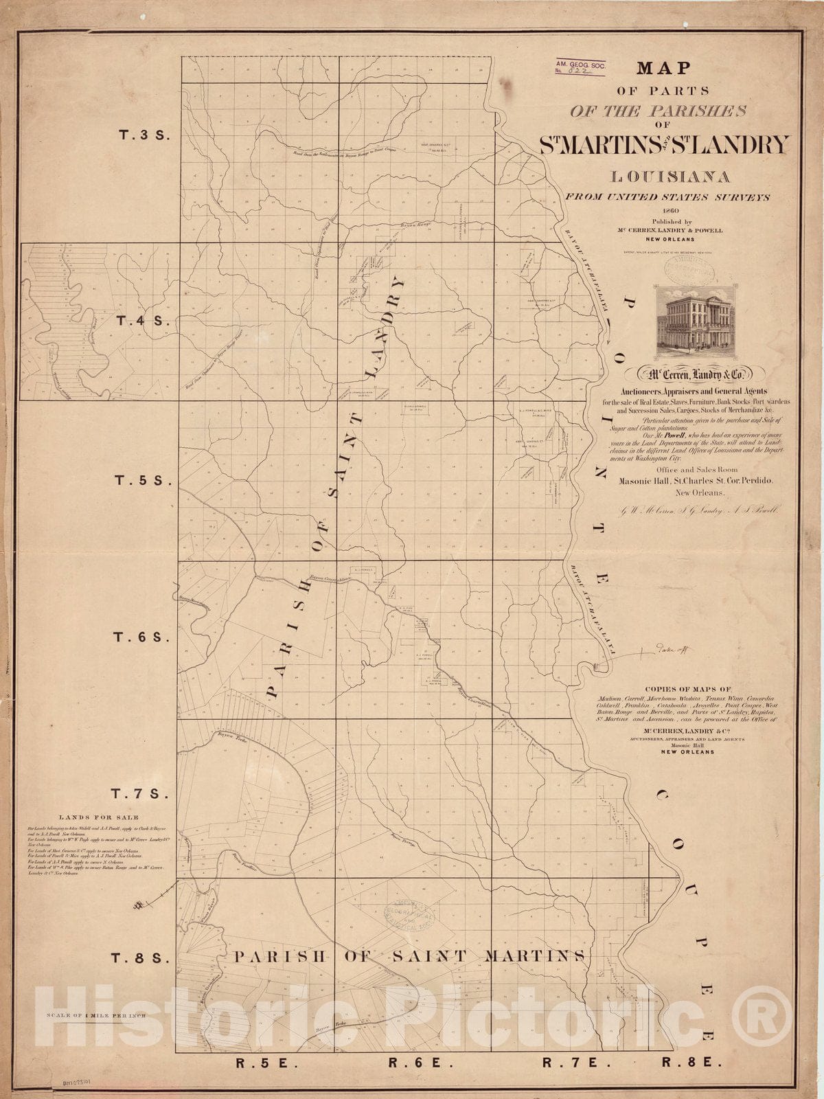 Map : St. Martins and St. Landry, Louisiana 1860, Map of parts of the Parishes of St. Martins and St. Landry, Louisiana , Antique Vintage Reproduction