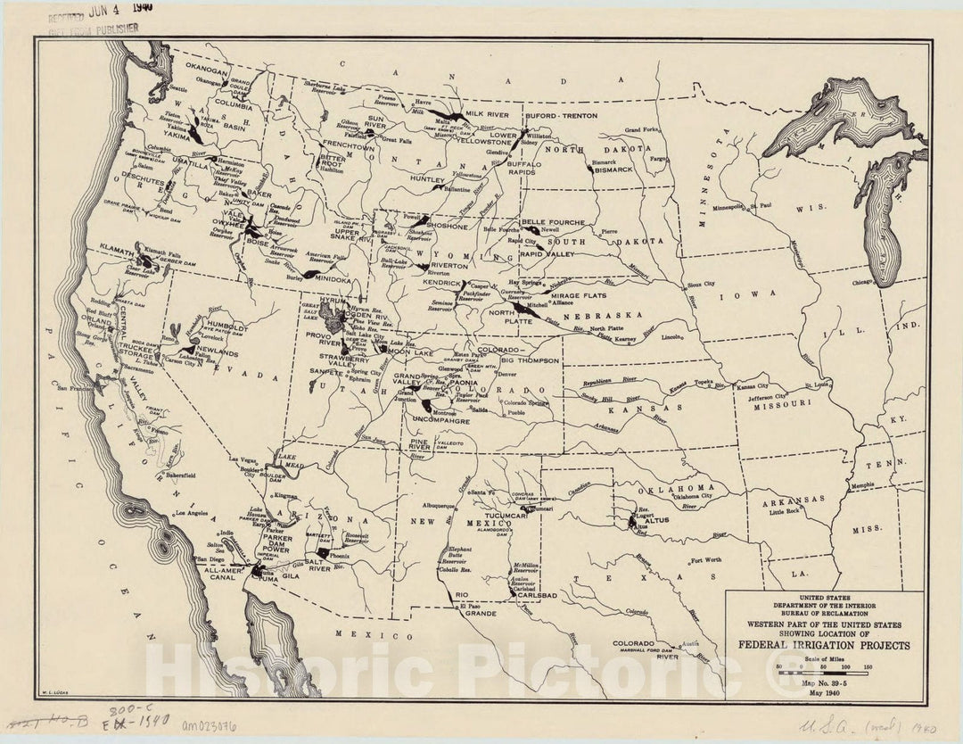 Map : United States, western 1940, Western part of the United States showing location of federal irrigation projects , Antique Vintage Reproduction