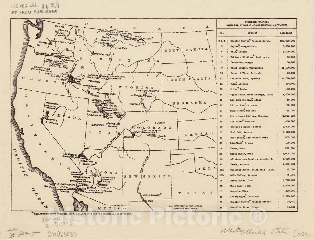 Map : United States, western 1934, Projects financed with Public Works Administration allotments, Antique Vintage Reproduction