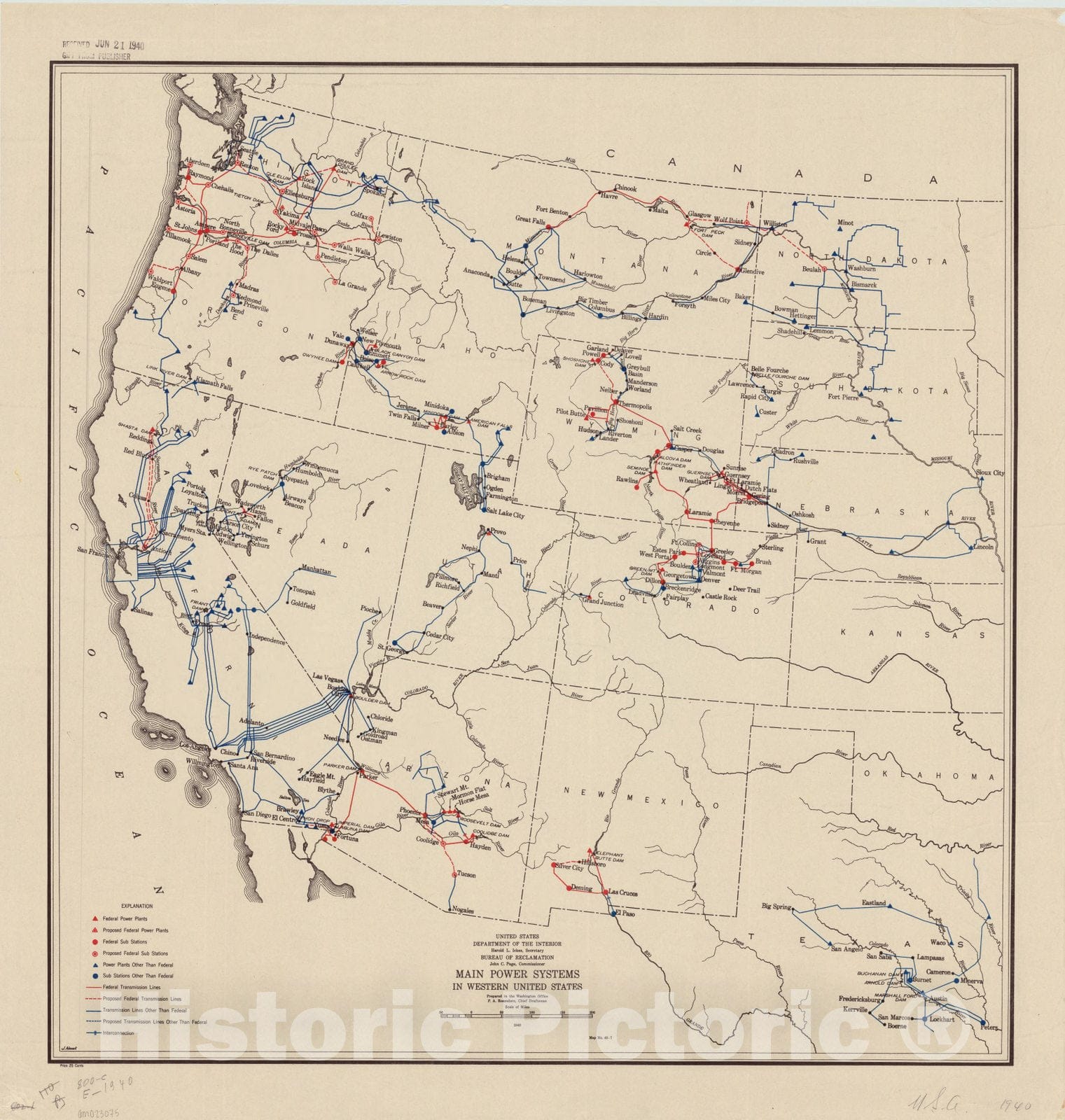 Map : United States, western 1940, Main power systems in western United States , Antique Vintage Reproduction