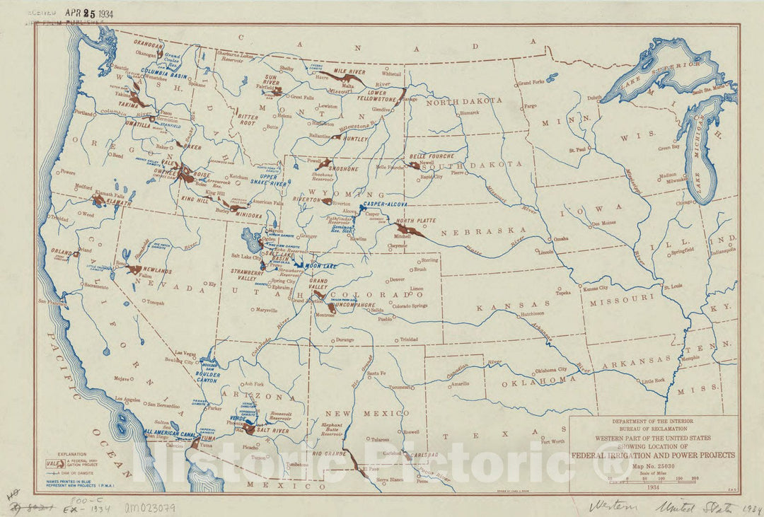 Map : United States, western 1934, Western part of the United States showing location of federal irrigation and power projects , Antique Vintage Reproduction