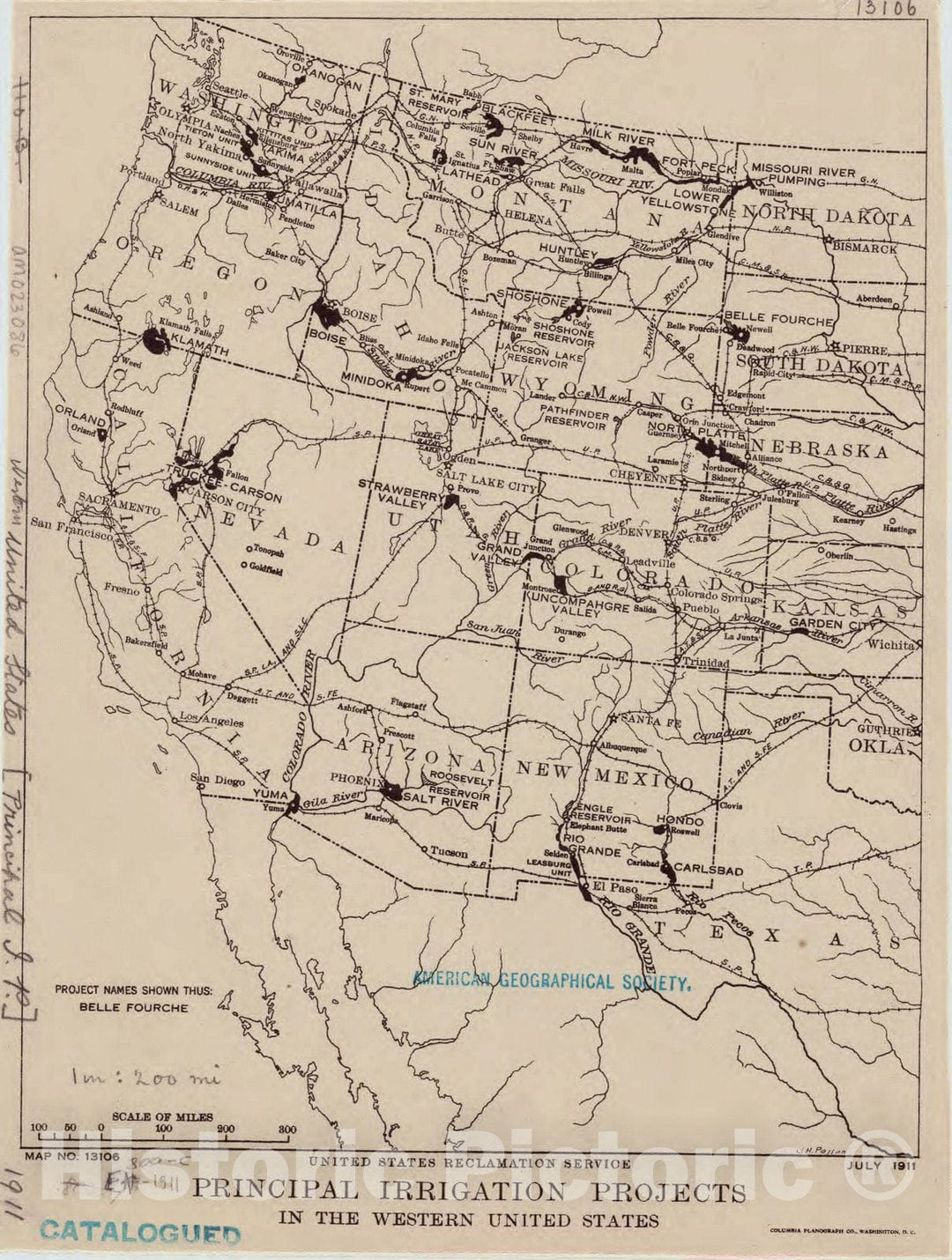 Map : United States, western 1911, Principal irrigation projects in the western United States, Antique Vintage Reproduction