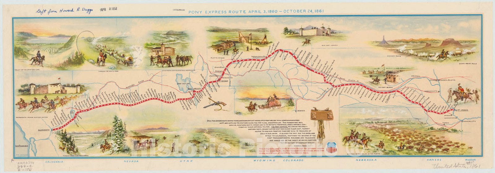 Map : United States, western 1860 1951, Pony express route April 3, 1860 - October 24, 1861, Antique Vintage Reproduction