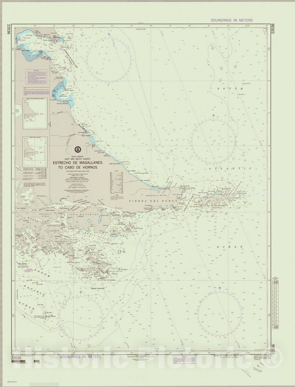 Map : Strait of Magellan 1994, South America, east and south coasts, Estrecho de Magallanes to Cabo de Hornos , Antique Vintage Reproduction