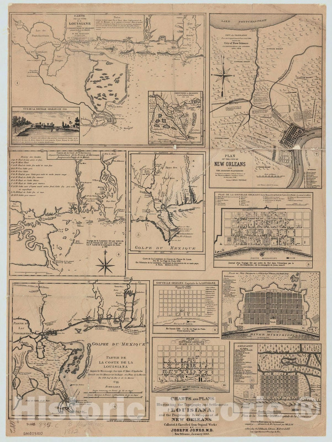 Historic Map : Louisiana 1882 1, Charts and plans illustrating the topography and settlements of Louisiana, and the progressive development of New Orleans , Antique Vintage Reproduction