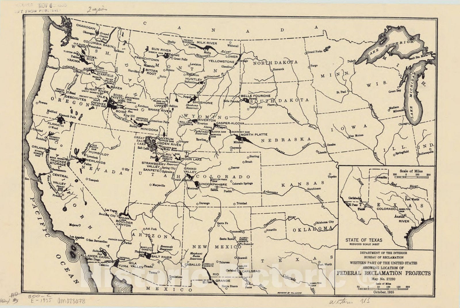 Map : United States, western 1935, Western part of the United States showing location of federal reclamation projects , Antique Vintage Reproduction