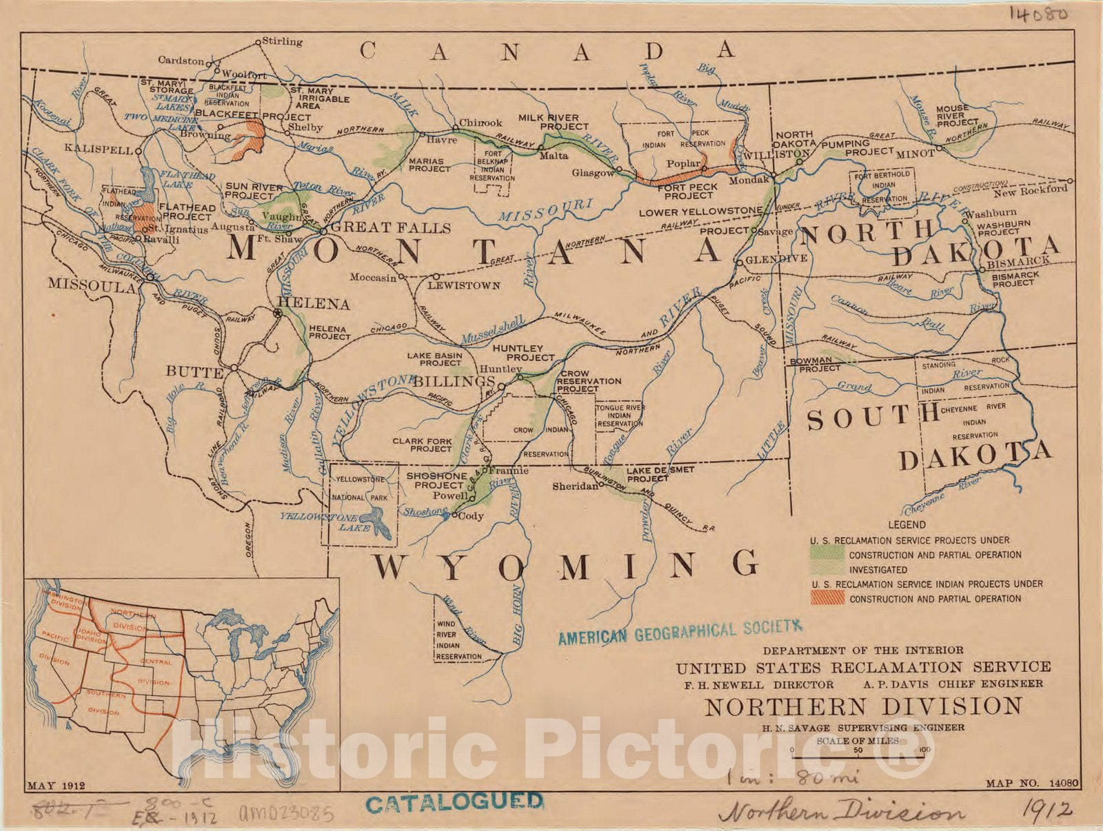 Map : United States, western 1912, Department of the Interior, United States Reclamation Service northern division map no. 14080, Antique Vintage Reproduction