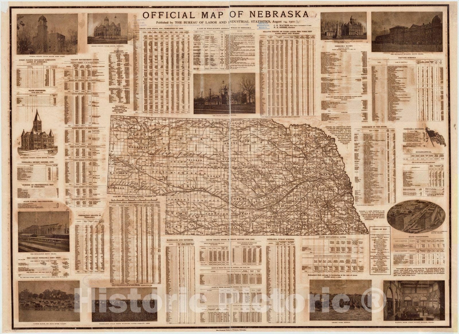 Map : Nebraska 1901, Official map of Nebraska : state map, showing political divisions, railroads, etc., Antique Vintage Reproduction