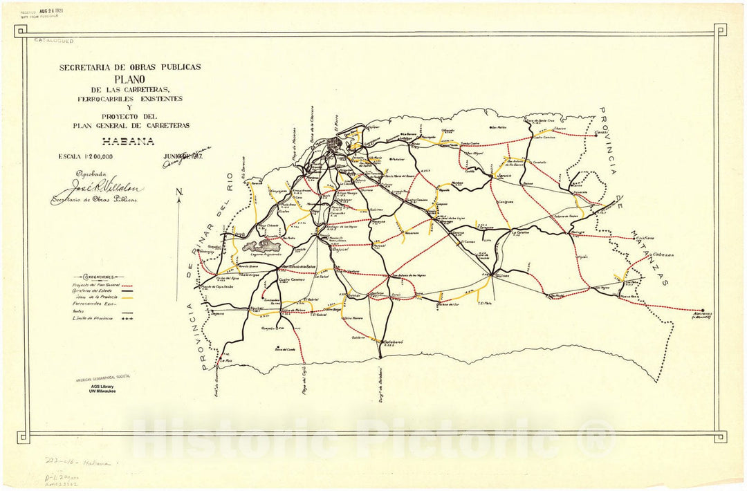 Map : Cuba 1917 1, Plano de las carreteras, ferrocarriles existentes y proyecto del plan general de carreteras ... [de Cuba] , Antique Vintage Reproduction