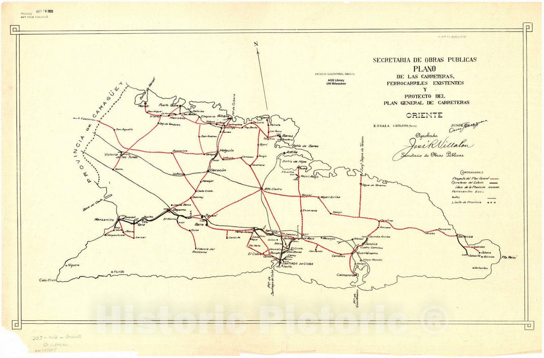 Map : Cuba 1917 3, Plano de las carreteras, ferrocarriles existentes y proyecto del plan general de carreteras ... [de Cuba] , Antique Vintage Reproduction