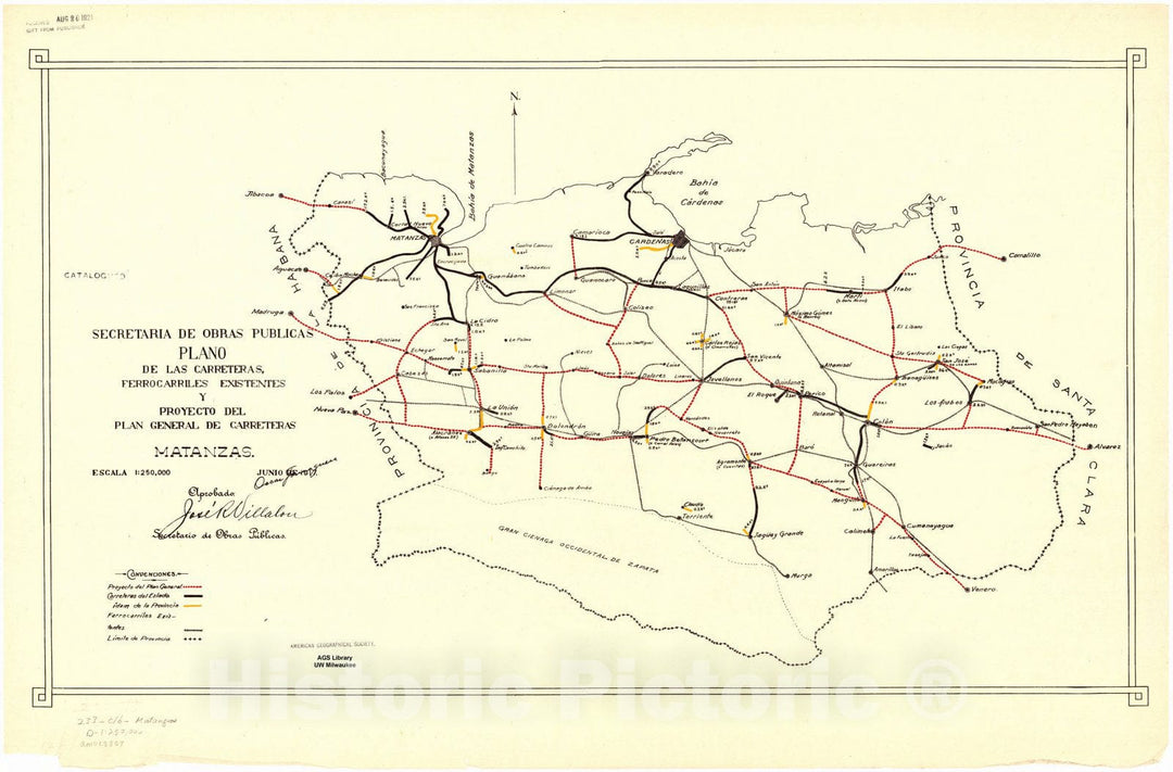 Map : Cuba 1917 5, Plano de las carreteras, ferrocarriles existentes y proyecto del plan general de carreteras ... [de Cuba] , Antique Vintage Reproduction