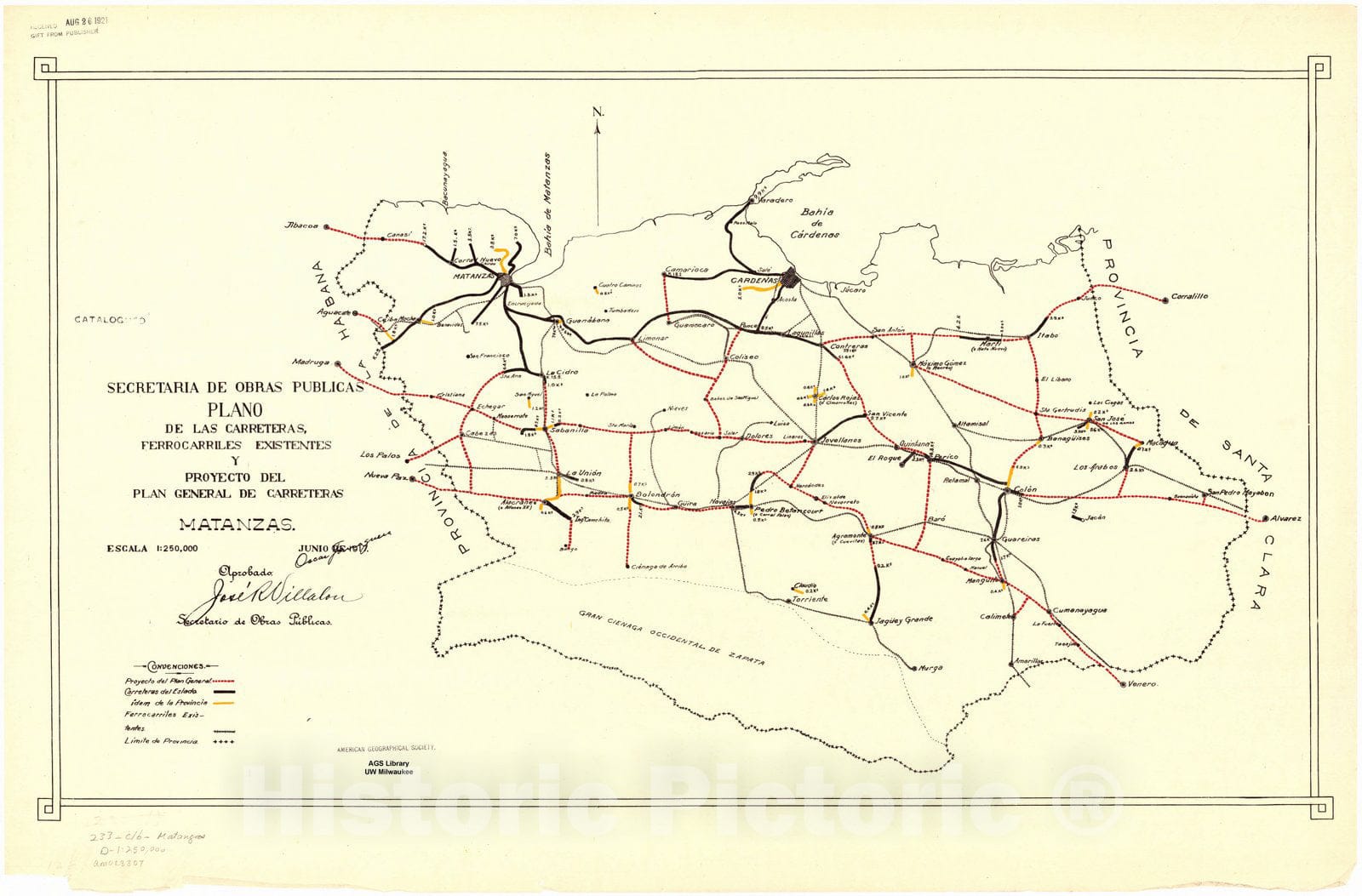 Map : Cuba 1917 5, Plano de las carreteras, ferrocarriles existentes y proyecto del plan general de carreteras ... [de Cuba] , Antique Vintage Reproduction