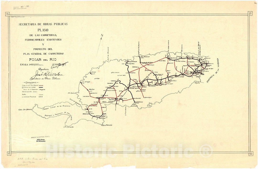 Map : Cuba 1917 6, Plano de las carreteras, ferrocarriles existentes y proyecto del plan general de carreteras ... [de Cuba] , Antique Vintage Reproduction