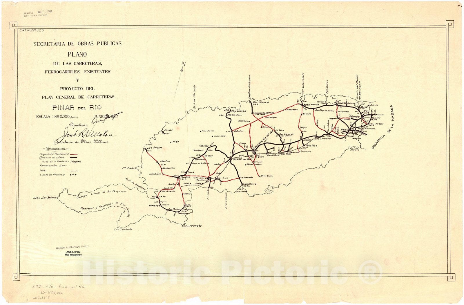 Map : Cuba 1917 6, Plano de las carreteras, ferrocarriles existentes y proyecto del plan general de carreteras ... [de Cuba] , Antique Vintage Reproduction