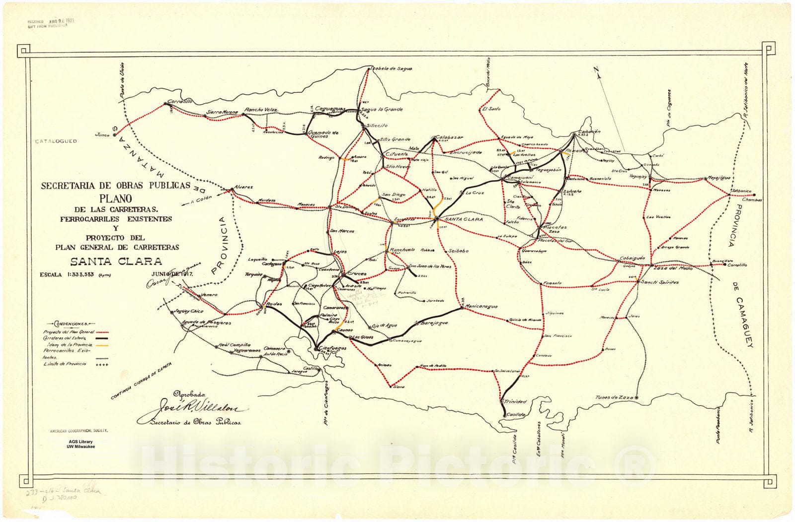 Map : Cuba 1917 7, Plano de las carreteras, ferrocarriles existentes y proyecto del plan general de carreteras ... [de Cuba] , Antique Vintage Reproduction