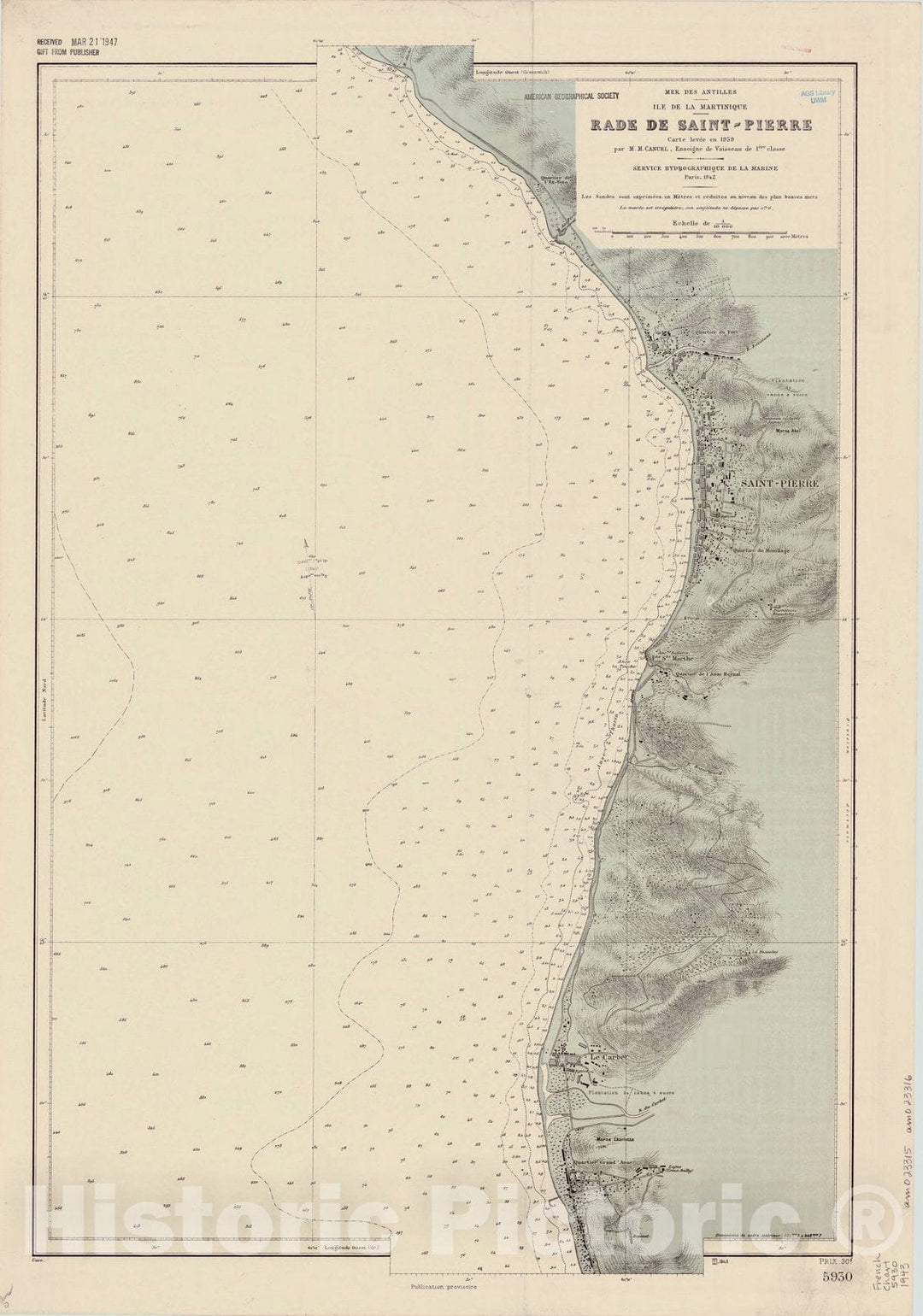 Map : Martinique 1943, Mer des Antilles, I?le de la Martinique, Rade de Saint-Pierre , Antique Vintage Reproduction