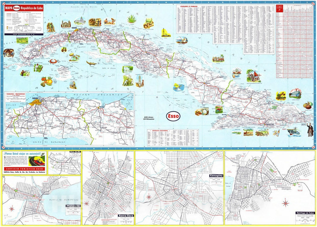 Map : Cuba 1956 2, Mapa de las carreteras de la Republica de Cuba , Antique Vintage Reproduction