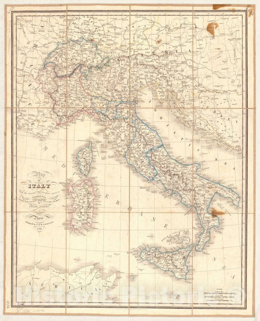 Map : Italy 1836, Map of Italy with the Ancient and Modern names , Antique Vintage Reproduction